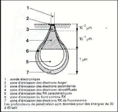 Figure II-11 : Volume d’interaction entre le faisceau d’électrons de quelques keV et le solide (figure extraite de [7])