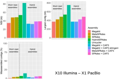 Figure 2: N50, largest contigs and misassembled contigs for assembly with short-reads sequencing depth of  10X alone or in combination with long-reads sequencing depth of 1X 