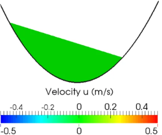 Figure 2: Initial conditions for the simulation of the “parabolic bowl” (parabolic bottom, water depth and null horizontal velocity).