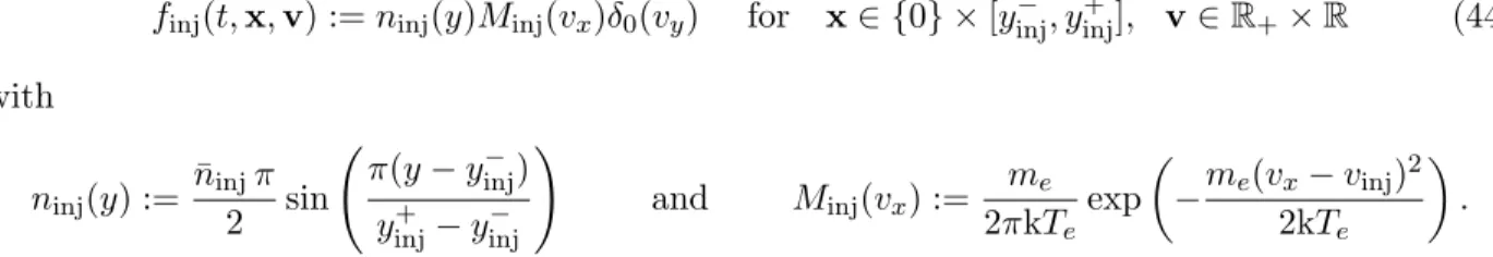 Figure 2: Academic beam test case. The self-consistent E field (left plot) and the numerical particles accelerated towards the right boundary (right plot) show the typical profile of the solution in the steady state regime