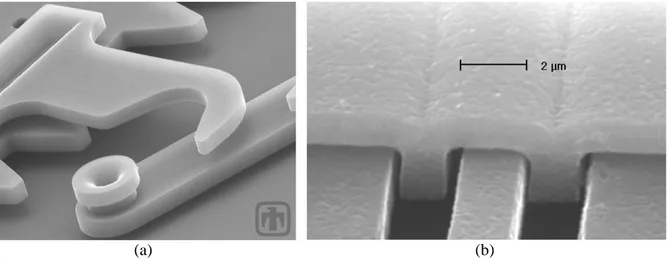 Figure 17 : Photos MEB de structures micro-usinées en surface avec planarisation (a) (Courtesy, Sandia National Labs - MEMS, S&amp;T Department, www.mems.sandia.gov) et sans planarisation (b).