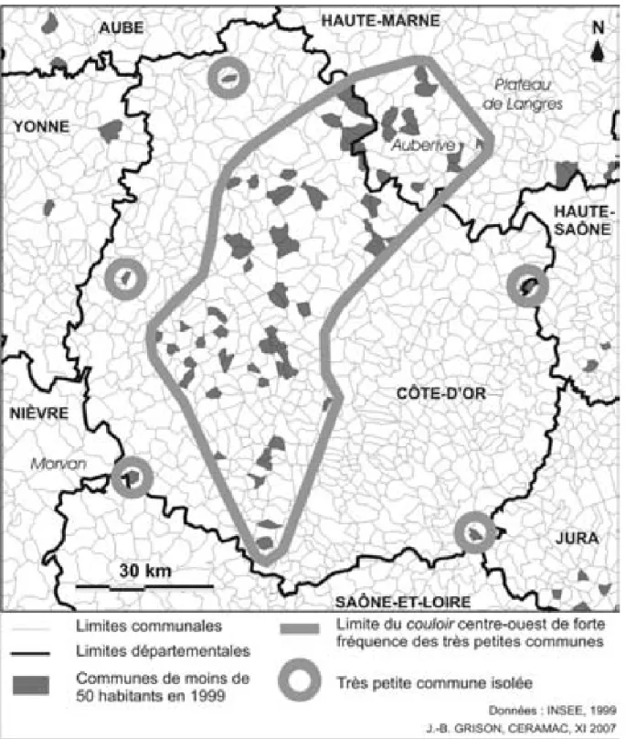 Figure 6 – Localisation des communes de moins de cinquante habitants   dans le département de la Côte-d’Or (1999) 