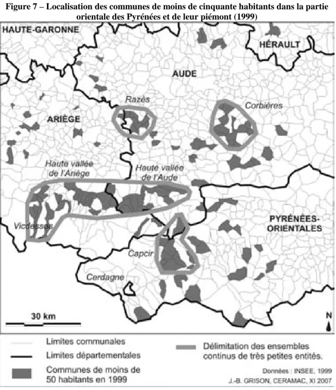 Figure 7 – Localisation des communes de moins de cinquante habitants dans la partie  orientale des Pyrénées et de leur piémont (1999) 