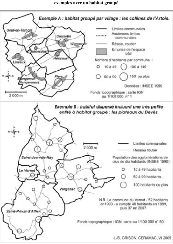 Figure 14 – Les très petites communes et la répartition de l’habitat :   exemples avec un habitat groupé 