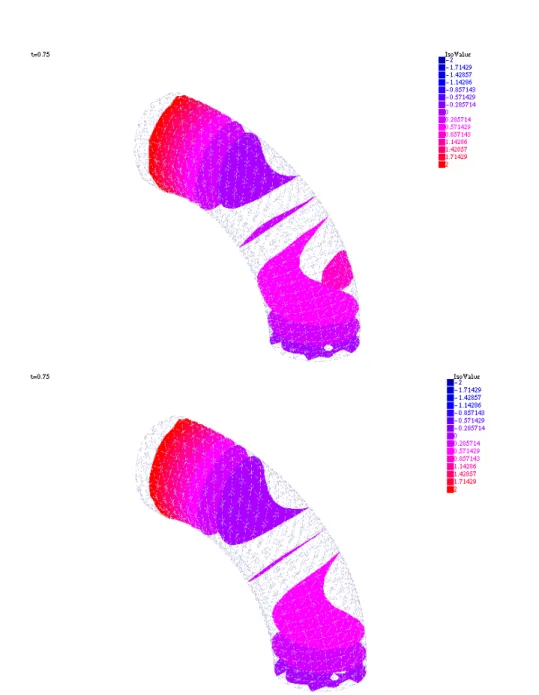 Figure 2: Left: surface of equal pressure at t = 0.75 computed by solving Problem 1 with P 2 − P 1 − P 1 elements and a penalization of the condition u × n = 0
