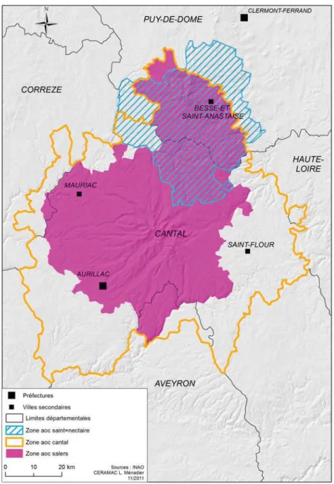 Fig. 5 – Les aires d’appellation des AOC d’Auvergne étudiées - (L. Ménadier, 11/2011)