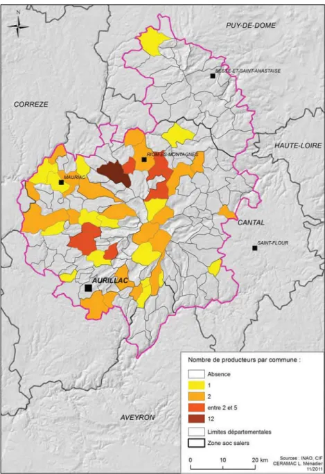 Fig. 7 – Communes des sièges d’exploitation des producteurs de salers - (L. Ménadier, 11/2011)