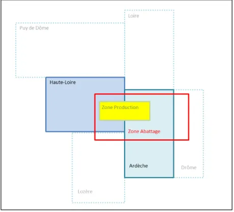 Figure 11 : Les territoires de production, d’abattage et de transformation de l’AOP Fin Gras du Mézenc