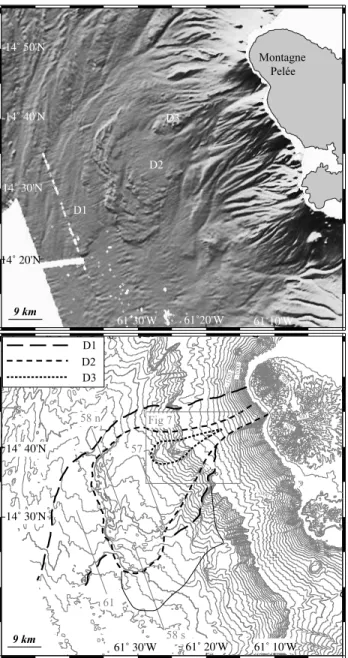 Figure 3. Swath bathymetry collected during the Agua- Agua-domar cruise southwest of Martinique island; (top) shaded image of bathymetry illuminated from N320°; (bottom) bathymetry and topography data