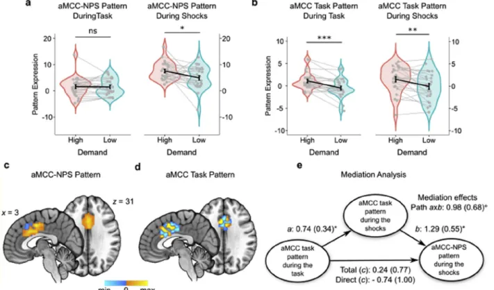 Fig. 2. Focus on aMCC. The black lines and error bars represent means and standard errors of pattern expression for (a) the NPS local pattern within the aMCC region (aMCC-NPS pattern) and (b) the aMCC task pattern, developed to discriminate between the hig