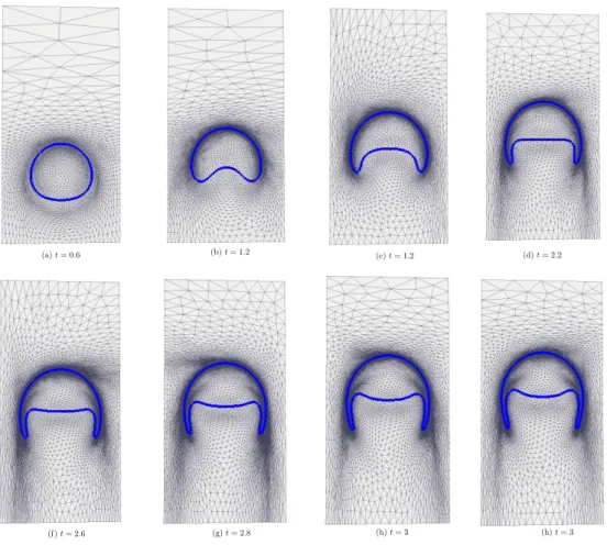 Figure 12. Our result: Typical time evolution of the adaptive mesh for test case 2 Nevertheless, the center of mass of both simulations is similar, see Figures 13 and 14