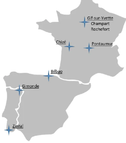 Figure II-1 : Répartition des six conservatoires participant au projet BEEHOPE