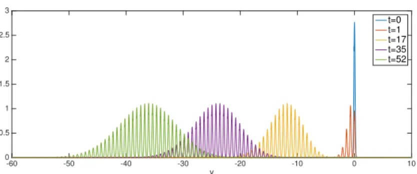 Figure 2: Numerical simulation for α “ 2, np0, yq a gaussian of mean 0 and standard deviation 0.1