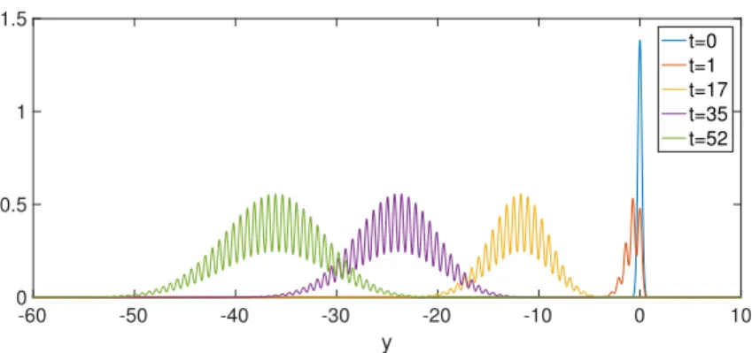 Figure 4: Numerical simulation for α “ 2, np0, yq a gaussian of mean 0 and standard deviation 0.2