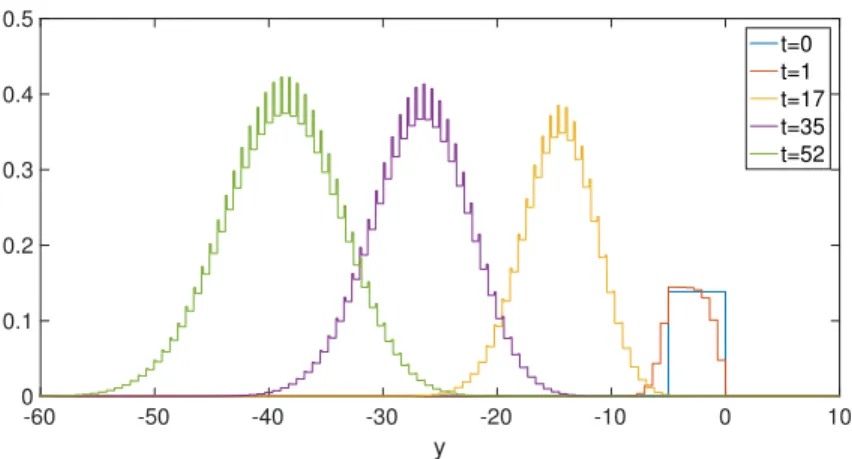 Figure 10: Numerical simulation for α “ 2, np0, yq a Heaviside on r´5, 0s. Plot of the size-distribution of ?