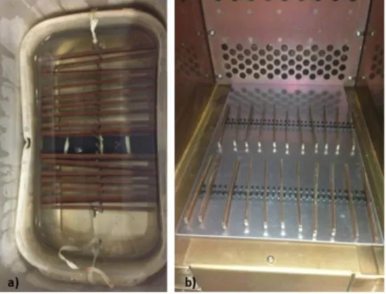 Figure  2:  Hygrothermal  aging  of  specimens  a)  Location  of  bending  specimens  in  the  thermal  bath;  b)  Location of bending specimens in the MTS environmental chamber 