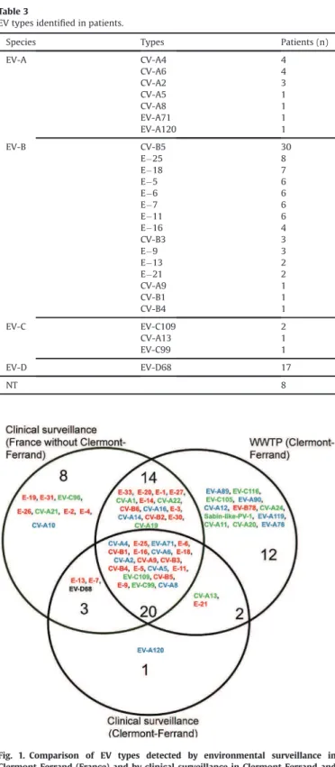 Fig. 1. Comparison of EV types detected by environmental surveillance in Clermont-Ferrand (France) and by clinical surveillance in Clermont-Ferrand and nationwide during the period 2014-2015.