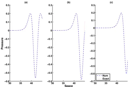 Figure 4. Non hydrostatic pressure profile at right boundary (x = 45 m) (a): t = 9.4044 s (b): t = 9.8046 s (c): t = 10.1048 s