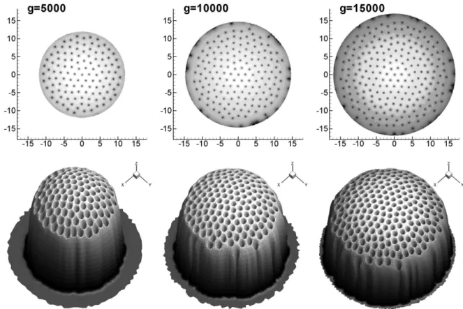 Figure 9: Condensate trapped in a harmonic-plus-quartic potential (Ω = 0.95). Two- and three- three-dimensional representation of the atomic density contours ( low density in black) for increasing values of the atomic interaction constant g