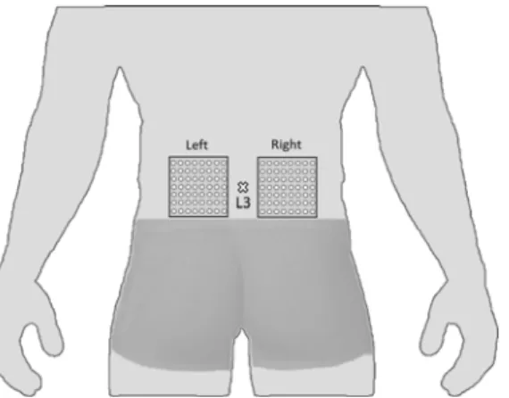 Fig 2. Representation of two 64-electrode matrices used in the recording of erector spinae muscle activity (model ELSCH064; LISiN-OT Bioelettronica, Torino, Italy).