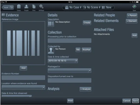 Figure 1 : Capture d’écran de l’application CrimePad® présentant la structure des  informations à saisir lors du prélèvement d’une trace