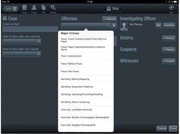 Figure 2 : Capture d’écran de l’application CrimePad® présentant une partie de la liste de  types d’évènement proposés au début de la saisie du cas