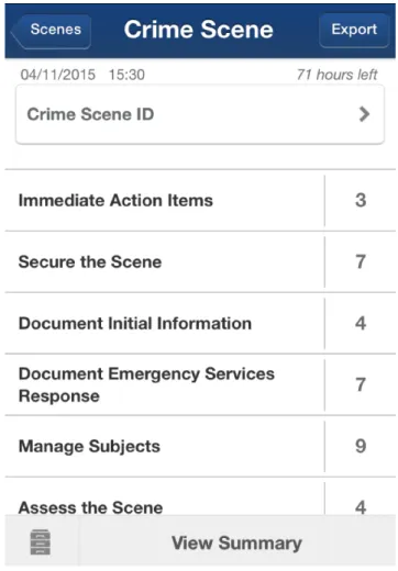 Figure 4 : Capture d’écran de l’application CASE® présentant différentes catégories de la  checklist et le nombre d’étapes relatif à chacune