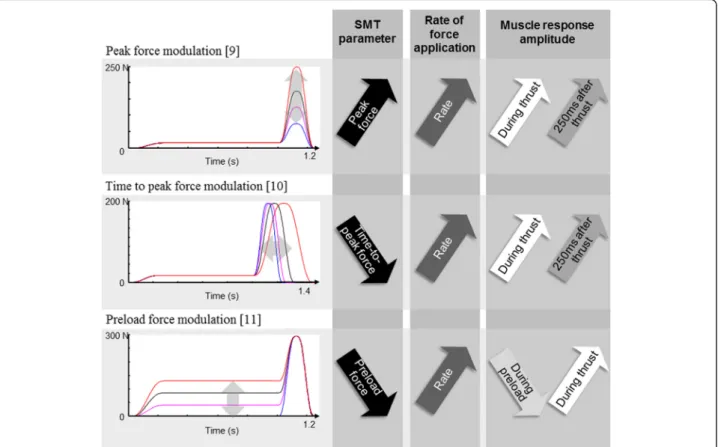 Fig. 1 Modulation of SMT preload force, peak force, and time to peak force. These studies revealed an increase in muscle response amplitudes with increasing rate of force application by either increasing peak force, decreasing preload force, or decreasing 