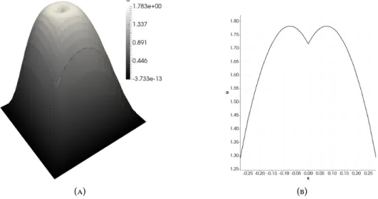 Figure 3. Numerical solution to (30) with V (x) = r −1 . Figure a: representation vertically not to scale; the separation between some elements is an artifact of the visualization on grids with hanging nodes