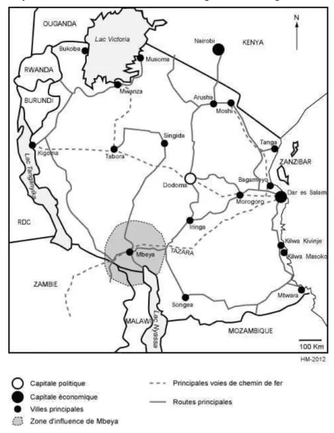 Figure 3 – Mbeya dans le réseau urbain tanzanien : éloignement et intégration transfrontalière 