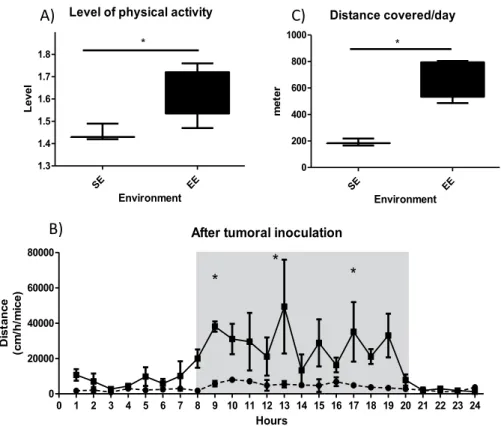 Figure 1.  Physical activity in SE and EE. (A) The level of physical activity. (A) corresponds to total energy  expenditure divided by the minimum energy expenditure, for a mouse