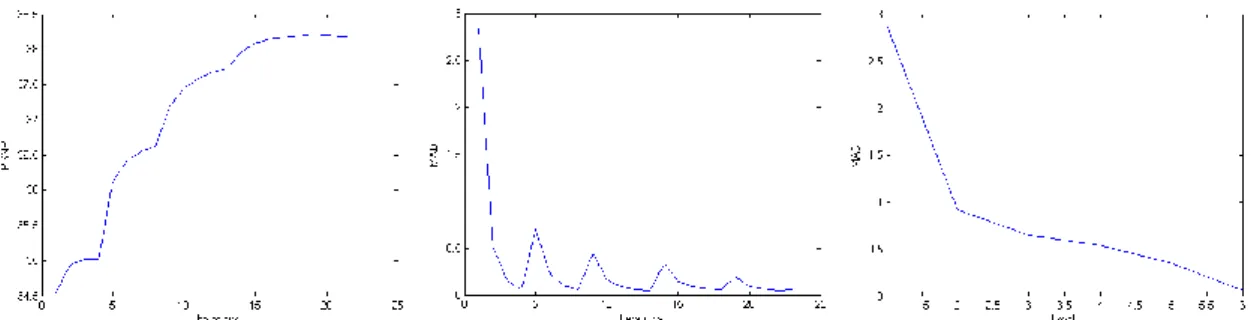 Figure 2. On the left: evolution of the PSNR in function of the iterations (the jumps in the PSNR  values  are  due  to  the  different  values  of  h)