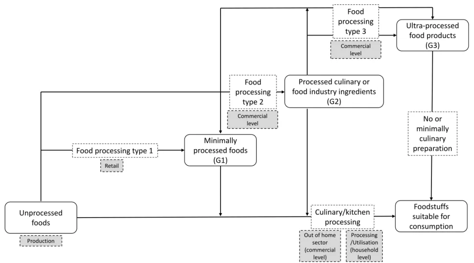 Figure 3. Three types of food processing within the food system (adapted from Monteiro [33] and Keding et al