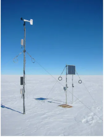 Fig. 10. Typical winter-over polar AWS deployed in Coats Land. Note the propeller-vane anemometer which is less susceptible to icing errors, and the twin temperature sensors  (in-side radiation shields) to record temperature gradient
