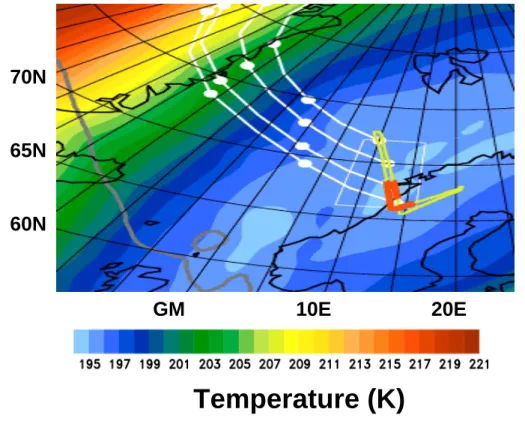 Fig. 1. ECMWF analysed temperature (K, color coded) at 60 hPa on 6 February 2003 at 12:00 UT