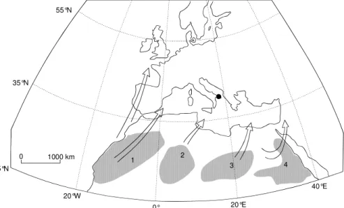 Figure 1.  The map shows the location of the collection site (full dot). Shared areas 1 to 4  represent  the  most  productive  sources  of  Saharan  dust  (from  d’Almeida,  1986)