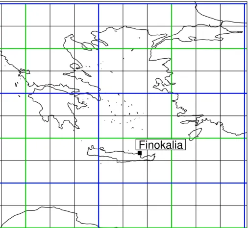 Fig. 4. Location of the Finokalia measurement station on Crete along with the model at various resolutions