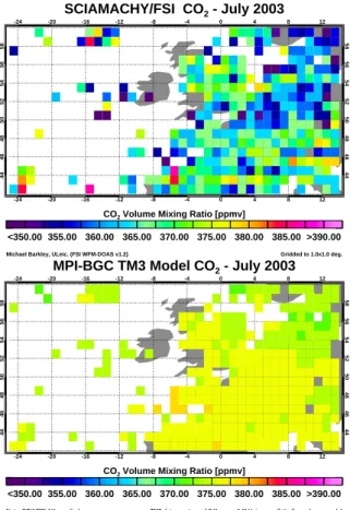 Fig. 7. Top: The FSI retrieved CO 2 VMRs over the Western Europe for the July 2003. For this region only, pixels over the oceans were also processed