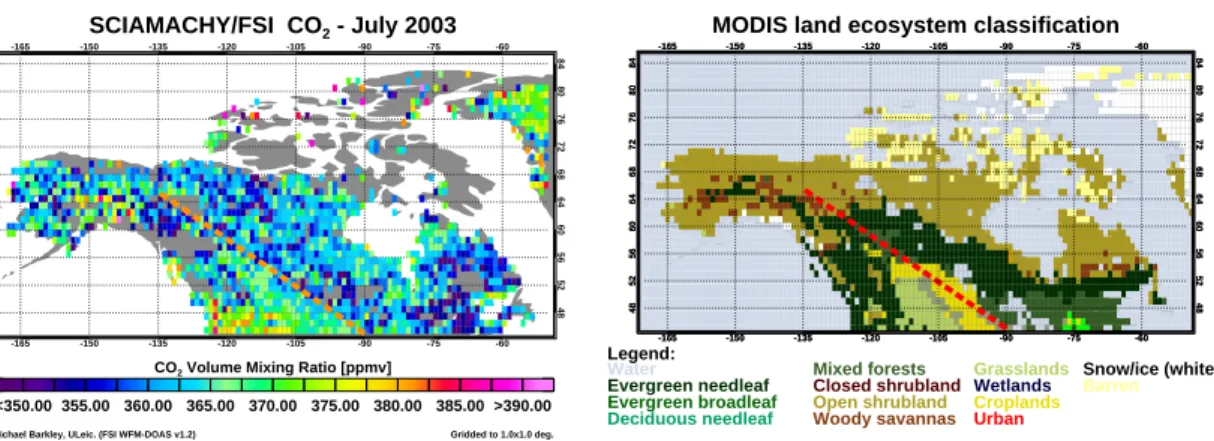 Fig. 10. SCIAMACHY CO 2 observations over North America for July 2003 (left panel) with a map of the land vegetation cover over this scene (right panel)