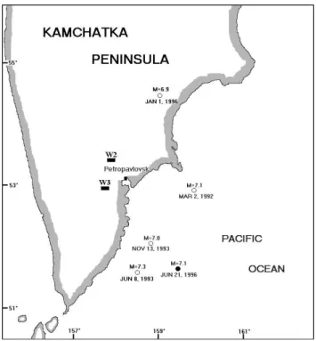 Fig. 1. Map showing the southern part of Kamchatka peninsula and the location of the wells (W 2 and W 3 ) where the Argon data are  col-lected
