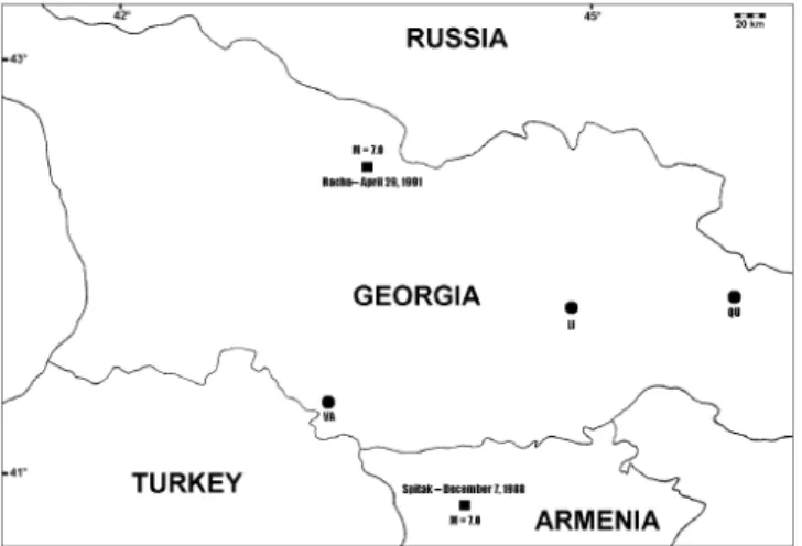Fig. 6. Map showing the Caucasus and the location of the springs (LI, QU and VA) where the Helium content data were collected.