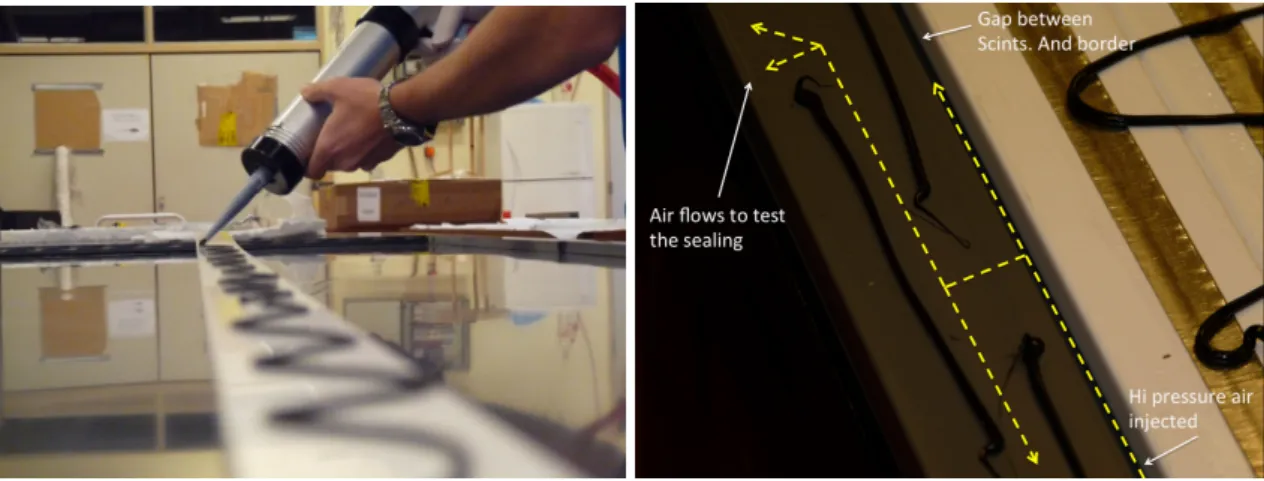 Figure 12. Left: process of gluing the scintillation bars into the PVC casing. Right: process of gluing the frame PVC bars to the PVC sheets of the casing, which allows for hermeticity testing.