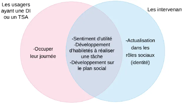 Figure 1 : Résumé des principaux bénéfices de la participation à un plateau de travail pour les  personnes ayant une DI ou un TSA selon les perceptions et les expériences des acteurs concernés 