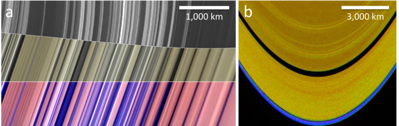 Figure 4: Color images of the B and A rings. (a) The inner-central B Ring, covering the region from 98600 to 105500 km from Saturn’s center at about 3 km px −1 