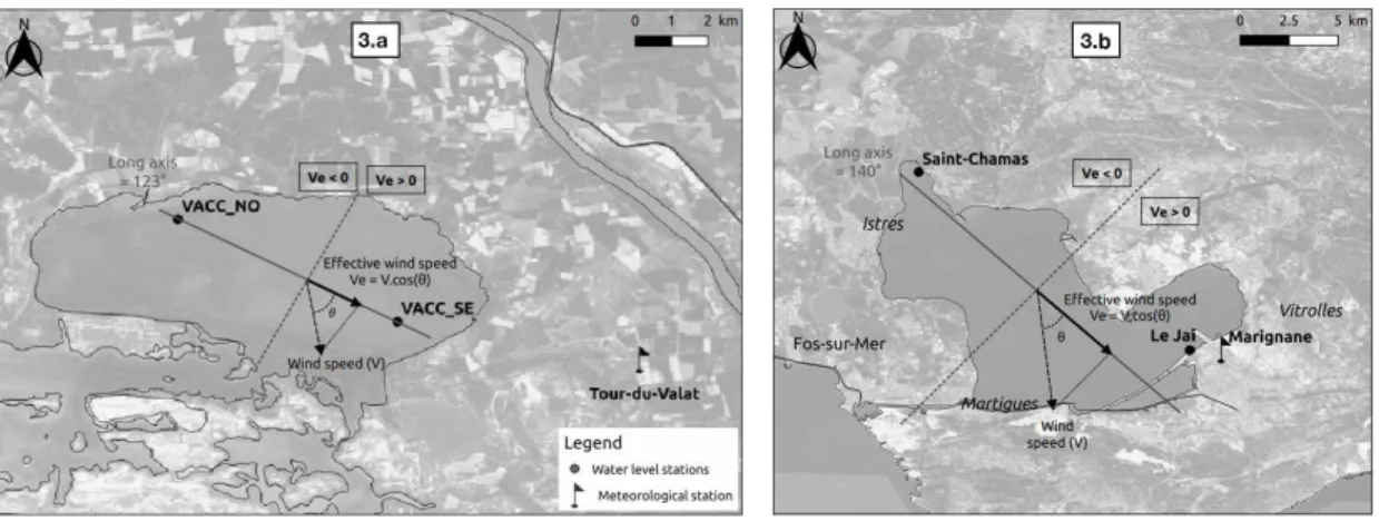 Figure 3: Determination of the effective wind speed V e by projecting the wind component along Vaccarès (3.a) and Berre (3.b) lagoons reference axis