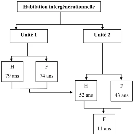 Figure 2. Schématisation des participants Habitation intergénérationnelle Unité 1 Unité 2 H  52 ans  F  43 ans H  79 ans F 74 ans F 11 ans 