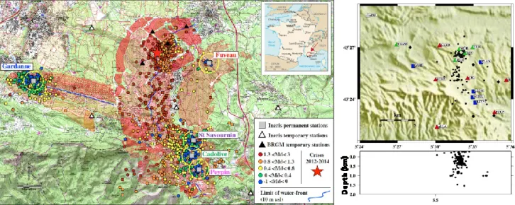 Figure 1: left : Map of the seismicity from 2008 to 2014 detected and located by the permanent  seismic network represented by grey square