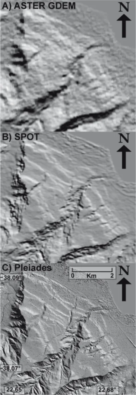Figure  2 :  Comparison  of  hillshade images from an ASTER  DEM  (30m  resolution),  SPOT  DEM  (20m  resolution)  and  Pleiades  DEM  (2m  resolution),  for  our  selected  site  in  the  Eastern Gulf of Corinth 