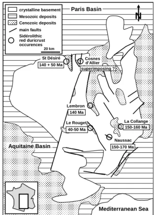 Figure  1  -  Geological  sketch  of  the  French  Massif  Central showing the occurrences of the siderolithic red  duricrusts  setting  on  the  basement  and  their  paleomagnetic ages