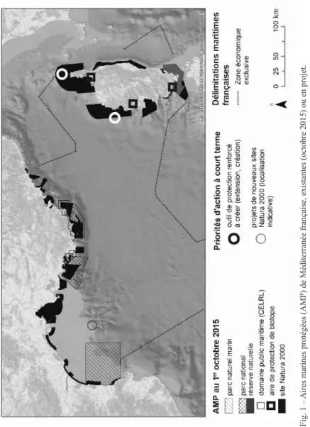 Fig. 1 – Aires marines protégées (AMP) de Méditerranée française, existantes (octobre 2015) ou en projet